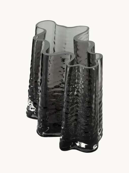 Jarrones|Jarrones>Cooee Design Jarrón de vidrio soplado artesanalmente con relieves Gry, 19 cm Gris antracita semi-transparente
