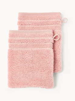 Toallas|Mantas>Westwing Collection Manoplas de baño con borde a rayas Luxe, 2 uds. Melocotón