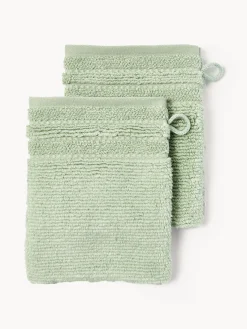 Toallas|Mantas>Westwing Collection Manoplas de baño con borde a rayas Luxe, 2 uds. Verde salvia