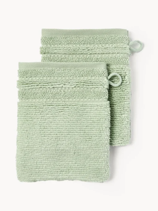 Toallas|Mantas>Westwing Collection Manoplas de baño con borde a rayas Luxe, 2 uds. Verde salvia