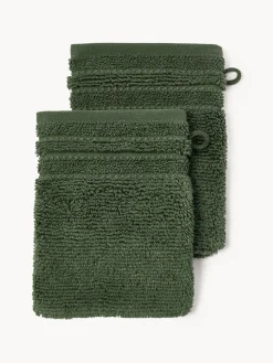 Toallas|Mantas>Westwing Collection Manoplas de baño con borde a rayas Luxe, 2 uds. Verde oscuro