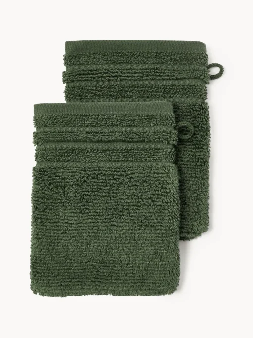 Toallas|Mantas>Westwing Collection Manoplas de baño con borde a rayas Luxe, 2 uds. Verde oscuro