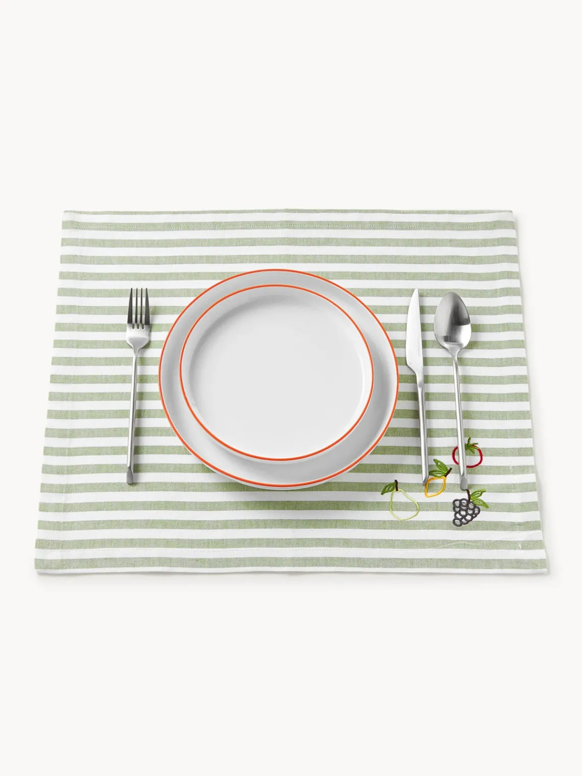 Manteles Individuales|Vajillas Completas>Westwing Collection Manteles individuales a rayas con motivos bordados Melony, 2 uds. Verde, blanco