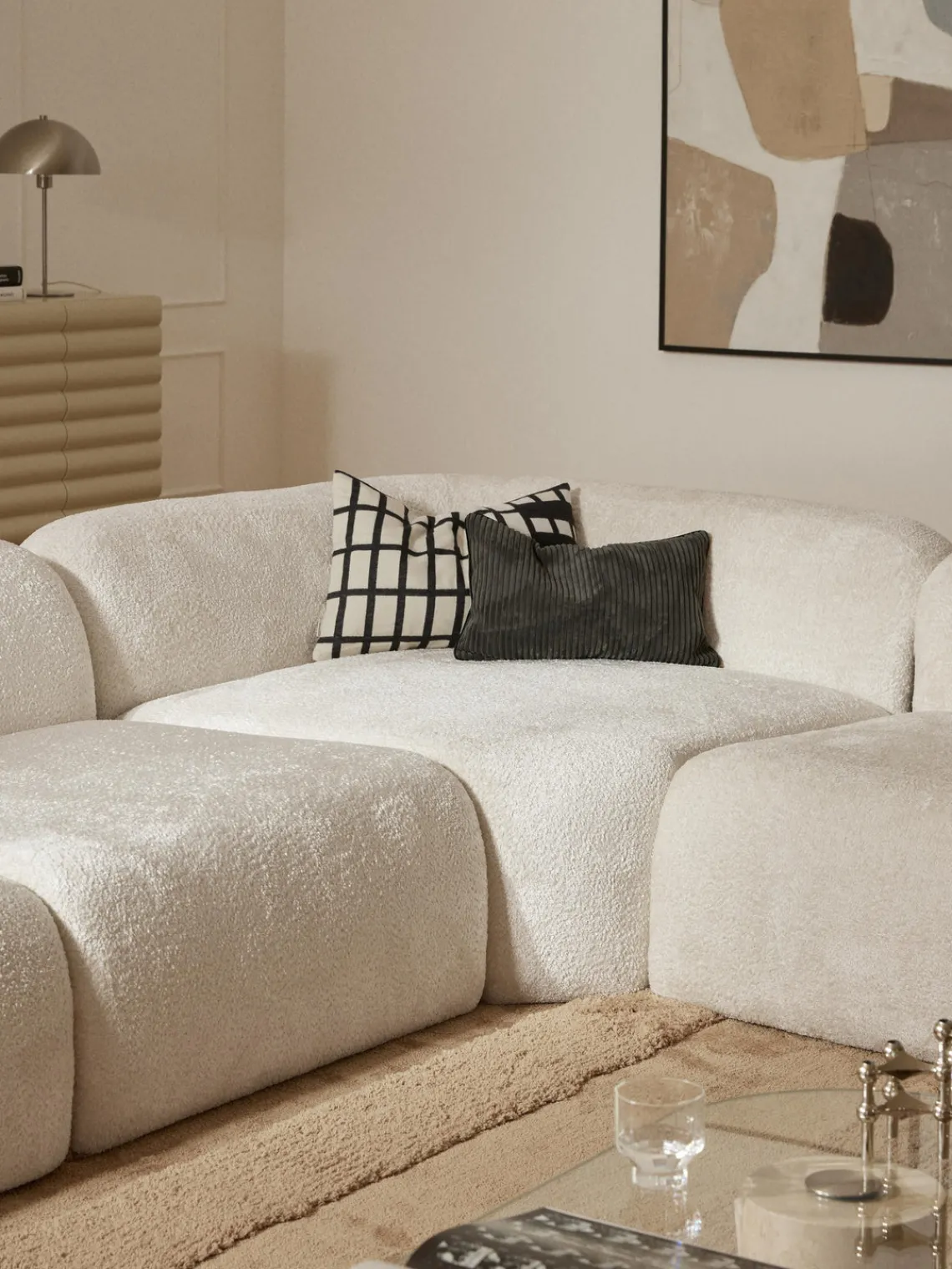 Sofás>Westwing Collection Módulo de esquina redondo de borreguillo bouclé Wolke Borreguillo bouclé blanco Off White