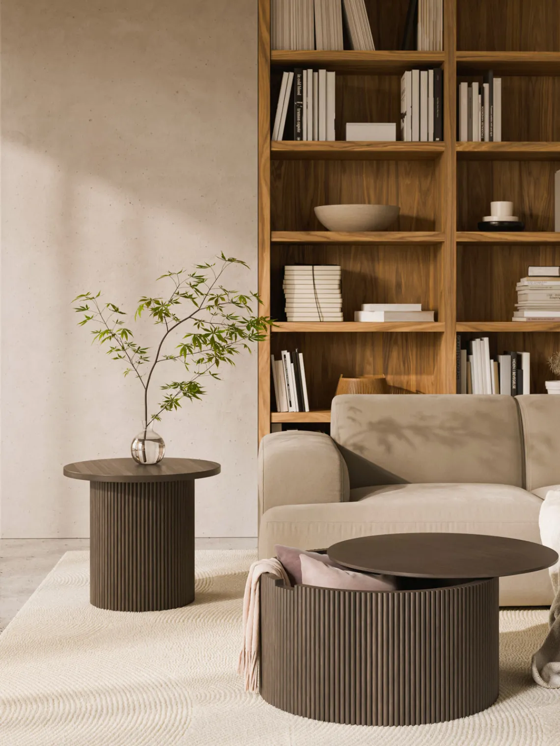 Mesas De Centro|Mesas De Centro>Westwing Collection Mesa de centro redonda de madera con espacio de almacenamiento Nele Madera lacada en marrón oscuro