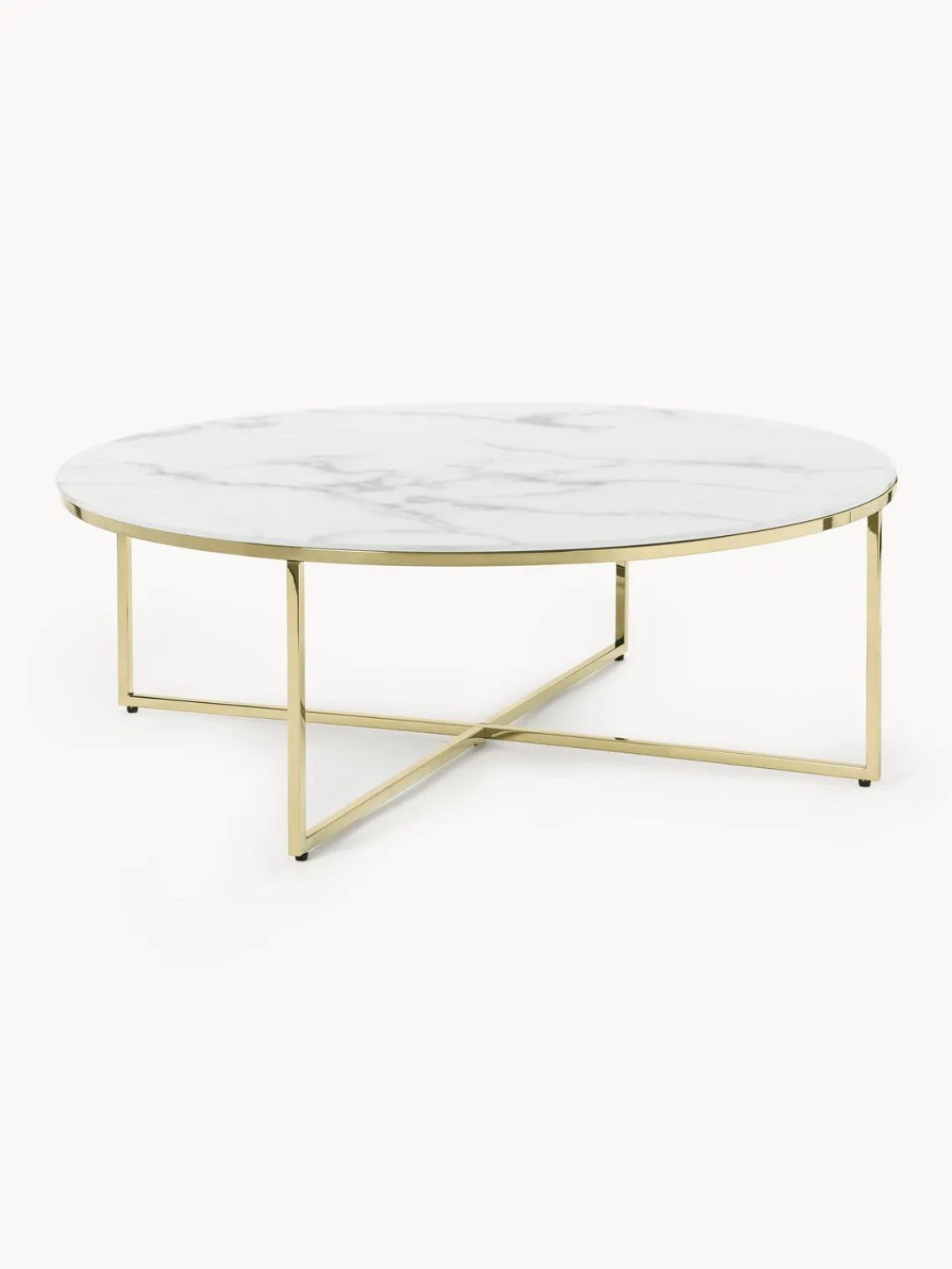 Mesas De Centro|Mesas De Centro>Westwing Collection Mesa de centro redonda grande con tablero de vidrio en look mármol Antigua Aspecto mármol blanco, dorado brillante