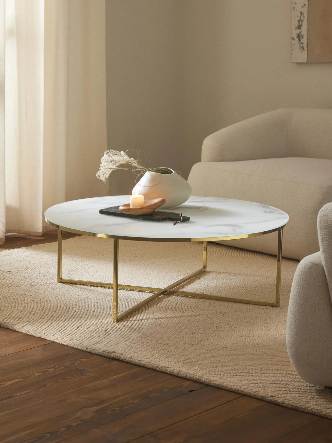 Mesas De Centro|Mesas De Centro>Westwing Collection Mesa de centro redonda grande con tablero de vidrio en look mármol Antigua Aspecto mármol blanco, dorado brillante