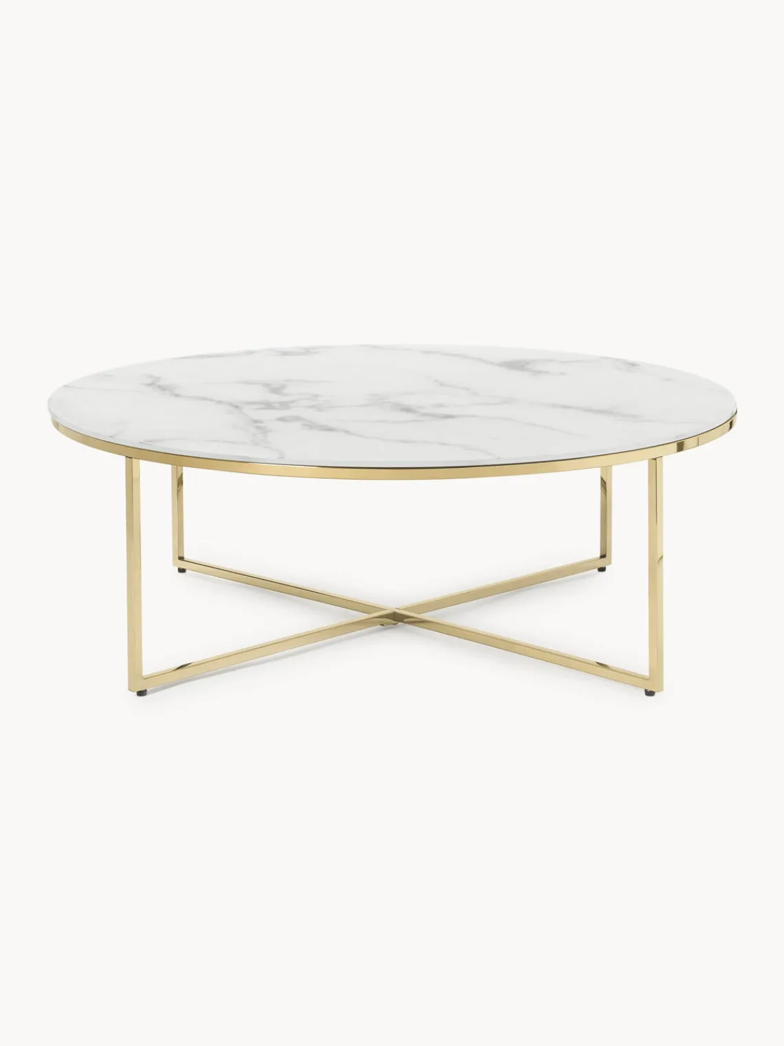 Mesas De Centro|Mesas De Centro>Westwing Collection Mesa de centro redonda grande con tablero de vidrio en look mármol Antigua Aspecto mármol blanco, dorado brillante