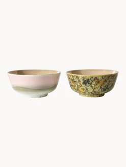 Platos Hondos|Vajillas Completas>HKLIVING Platos hondos artesanales con esmalte reactivo 70's, 2 uds. Rosa claro, ocre, tonos verdes, beige