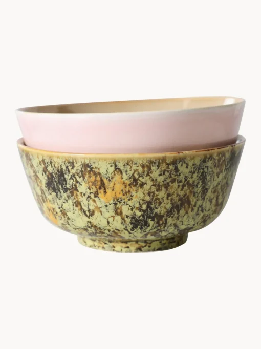 Platos Hondos|Vajillas Completas>HKLIVING Platos hondos artesanales con esmalte reactivo 70's, 2 uds. Rosa claro, ocre, tonos verdes, beige