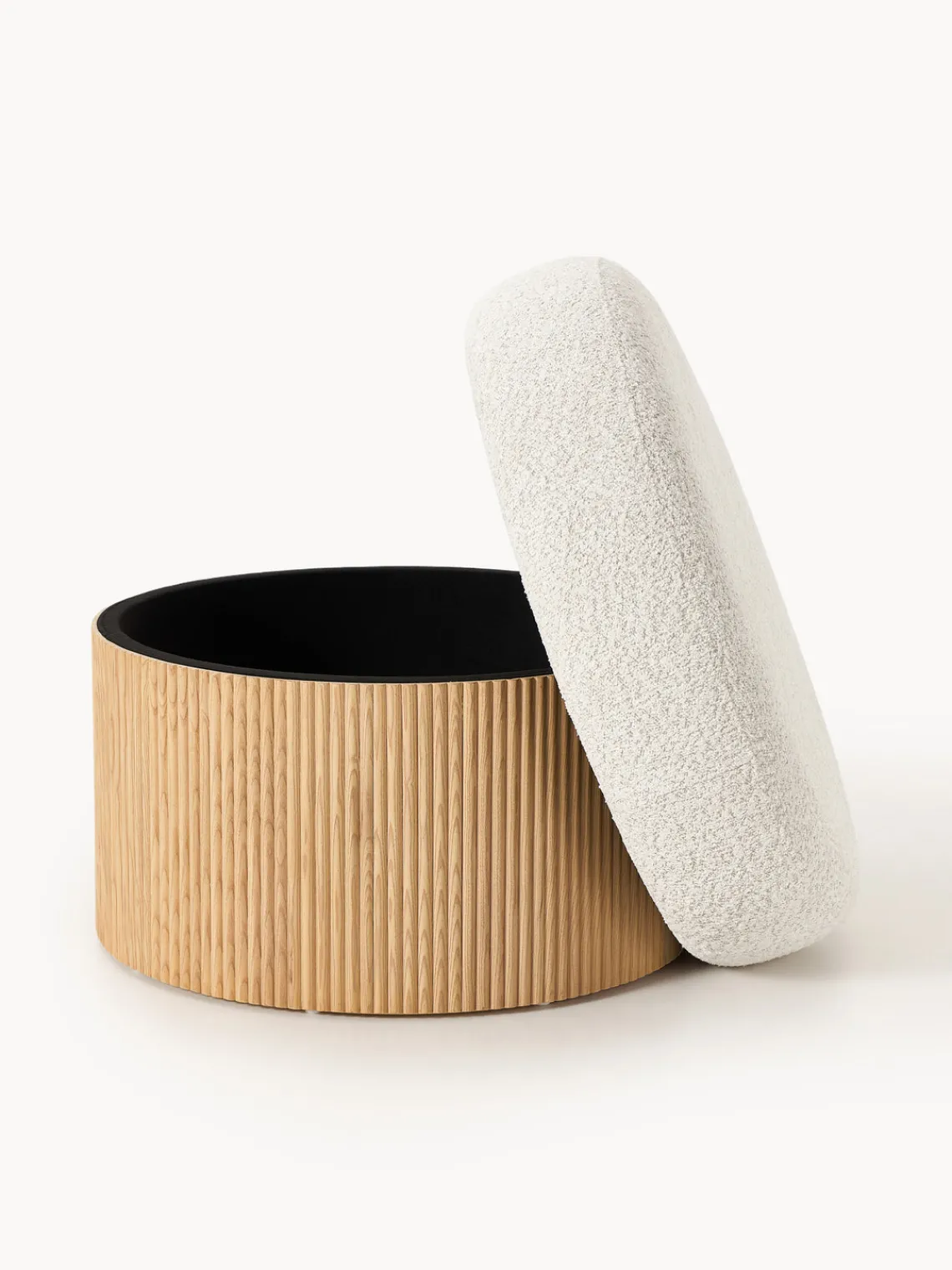 Pufs Y Otomanos|Pufs Y Otomanos>Westwing Collection Puf grande tapizado en borreguillo bouclé con espacio de almacenamiento Nala Tejido borreguillo bouclé blanco Off White, madera de fresno clara