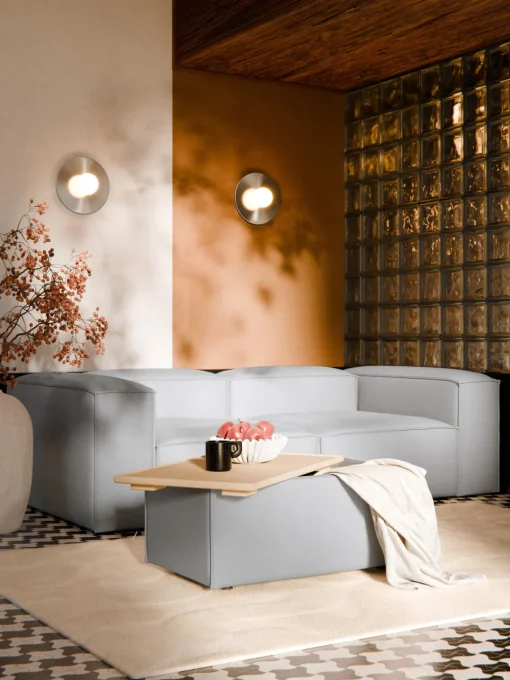 Reposapiés|Sofás>Westwing Collection Reposapiés puf con espacio de almacenamiento Lennon Tejido gris, madera de roble clara