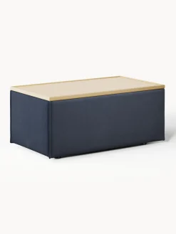 Reposapiés|Sofás>Westwing Collection Reposapiés puf con espacio de almacenamiento Lennon Tejido azul oscuro, madera de roble clara
