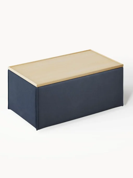 Reposapiés|Sofás>Westwing Collection Reposapiés puf con espacio de almacenamiento Lennon Tejido azul oscuro, madera de roble clara