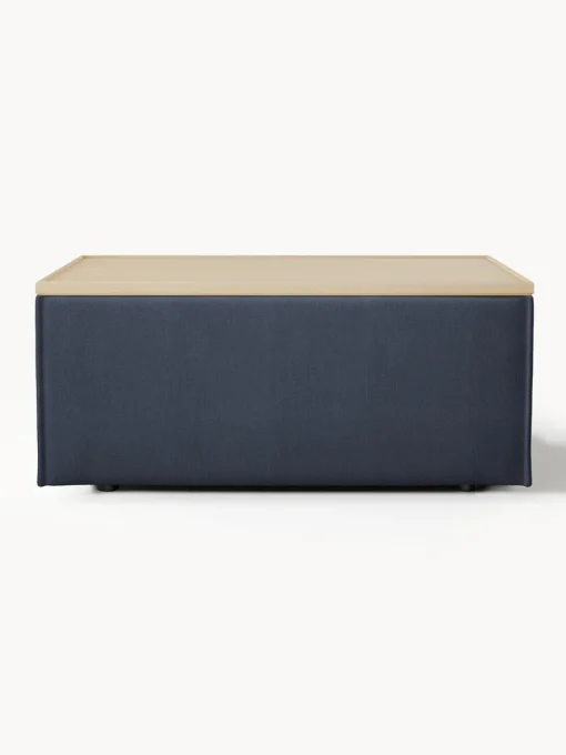 Reposapiés|Sofás>Westwing Collection Reposapiés puf con espacio de almacenamiento Lennon Tejido azul oscuro, madera de roble clara