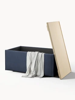 Reposapiés|Sofás></noscript>Westwing Collection Reposapiés puf con espacio de almacenamiento Lennon Tejido azul oscuro, madera de roble clara