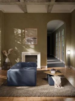 Reposapiés|Sofás></noscript>Westwing Collection Reposapiés puf con espacio de almacenamiento Lennon Tejido azul oscuro, madera de roble clara