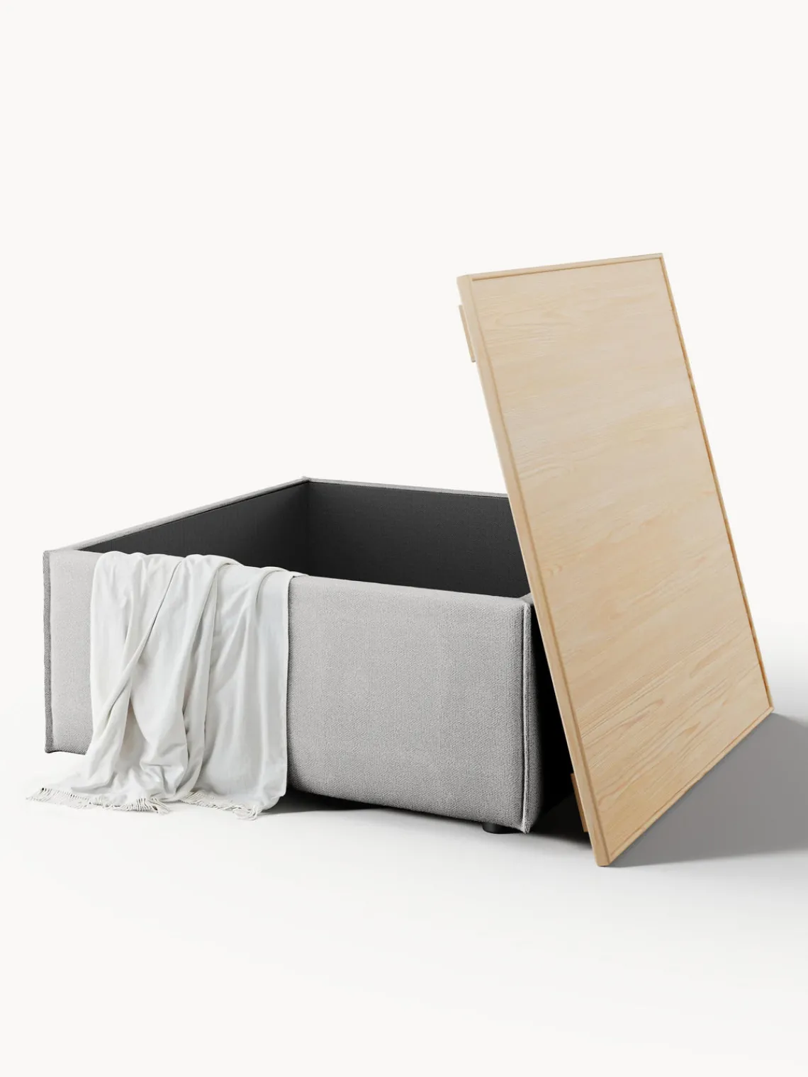 Reposapiés|Sofás>Westwing Collection Reposapiés puf con espacio de almacenamiento Lennon Tejido gris, madera de roble clara