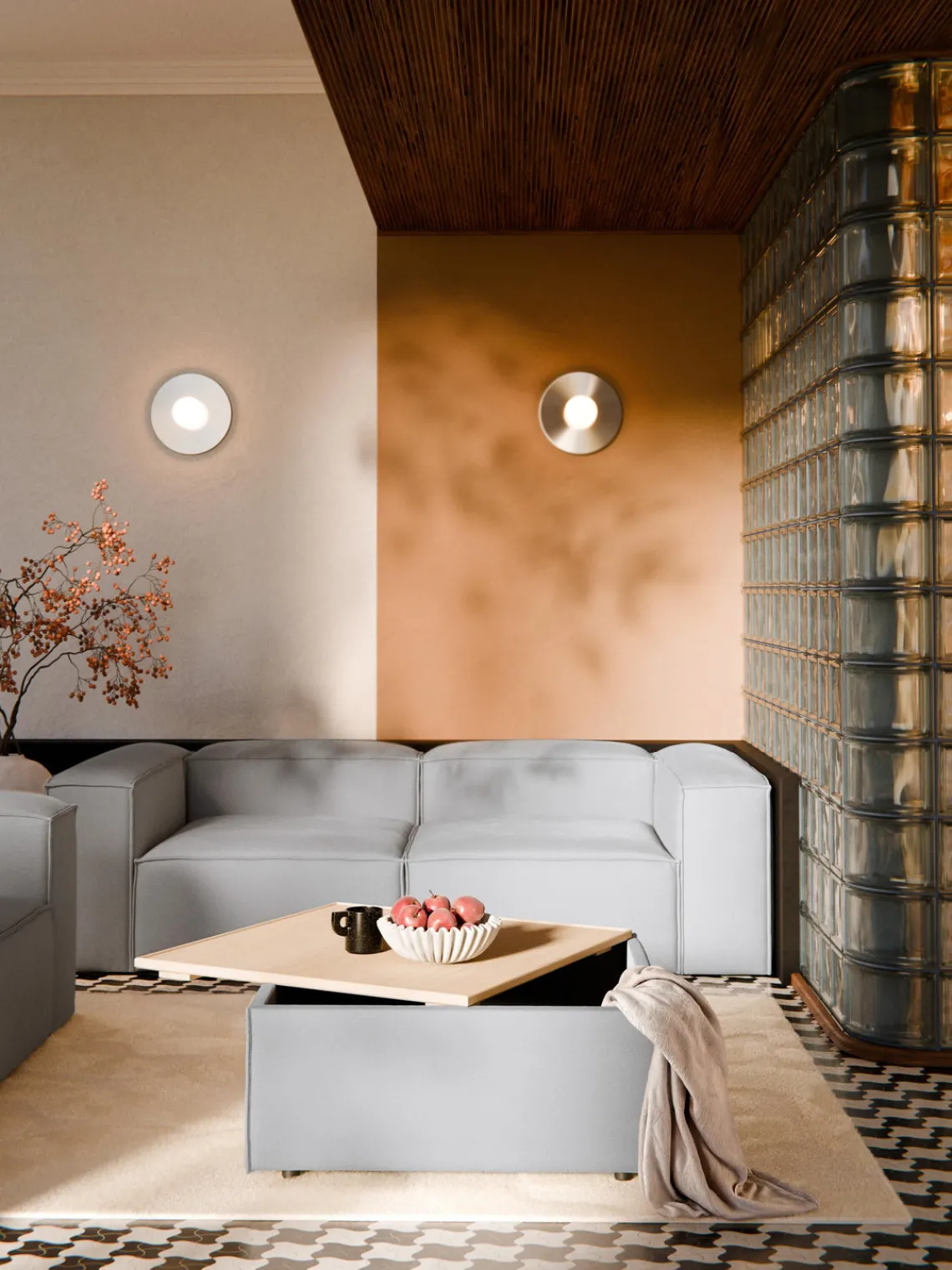 Reposapiés|Sofás>Westwing Collection Reposapiés puf con espacio de almacenamiento Lennon Tejido gris, madera de roble clara