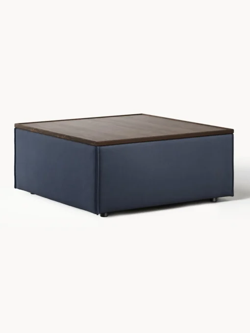 Reposapiés|Sofás>Westwing Collection Reposapiés puf con espacio de almacenamiento Lennon Tejido azul oscuro, madera de roble oscura
