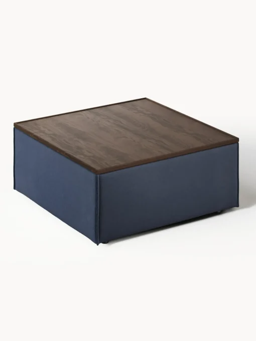 Reposapiés|Sofás>Westwing Collection Reposapiés puf con espacio de almacenamiento Lennon Tejido azul oscuro, madera de roble oscura