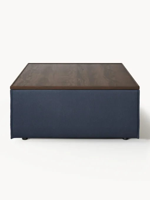 Reposapiés|Sofás>Westwing Collection Reposapiés puf con espacio de almacenamiento Lennon Tejido azul oscuro, madera de roble oscura