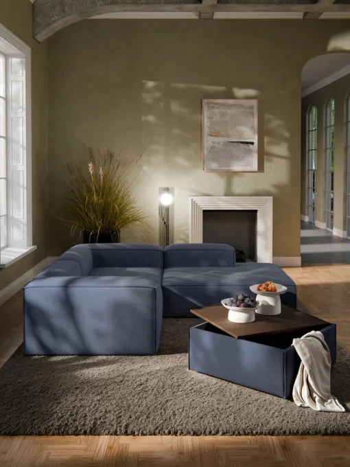 Reposapiés|Sofás>Westwing Collection Reposapiés puf con espacio de almacenamiento Lennon Tejido azul oscuro, madera de roble oscura