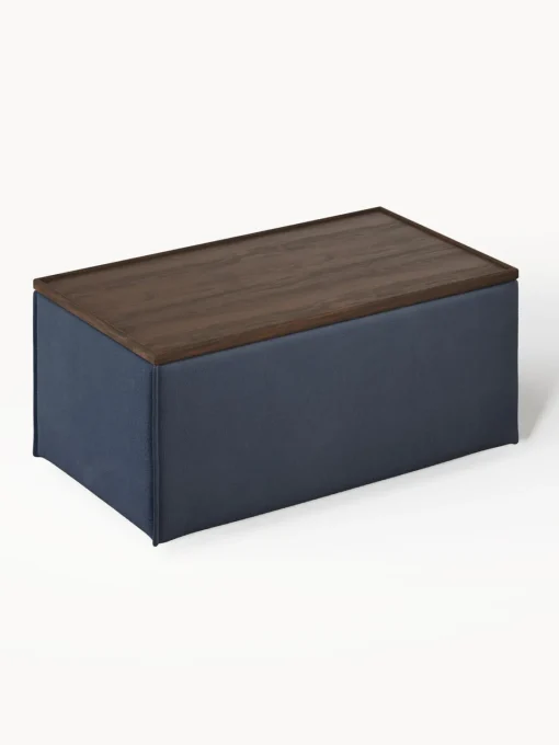Reposapiés|Sofás>Westwing Collection Reposapiés puf con espacio de almacenamiento Lennon Tejido azul oscuro, madera de roble oscura