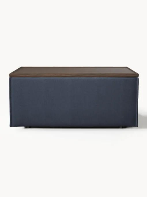 Reposapiés|Sofás>Westwing Collection Reposapiés puf con espacio de almacenamiento Lennon Tejido azul oscuro, madera de roble oscura