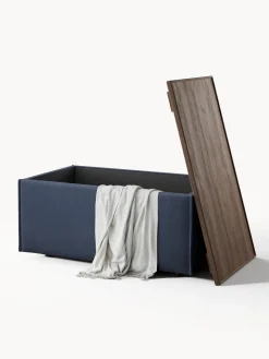 Reposapiés|Sofás></noscript>Westwing Collection Reposapiés puf con espacio de almacenamiento Lennon Tejido azul oscuro, madera de roble oscura