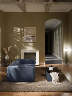 Reposapiés|Sofás></noscript>Westwing Collection Reposapiés puf con espacio de almacenamiento Lennon Tejido azul oscuro, madera de roble oscura