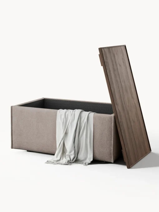 Reposapiés|Sofás>Westwing Collection Reposapiés puf con espacio de almacenamiento Lennon Tejido taupe, madera de roble oscura