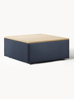 Reposapiés|Sofás>Westwing Collection Reposapiés puf con espacio de almacenamiento Lennon Tejido azul oscuro, madera de roble clara