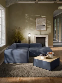 Reposapiés|Sofás>Westwing Collection Reposapiés puf con espacio de almacenamiento Lennon Tejido azul oscuro, madera de roble clara