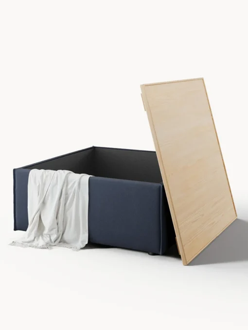Reposapiés|Sofás>Westwing Collection Reposapiés puf con espacio de almacenamiento Lennon Tejido azul oscuro, madera de roble clara