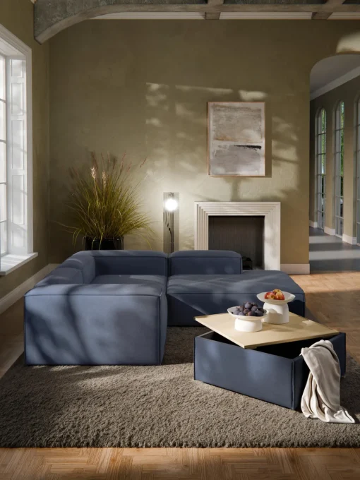 Reposapiés|Sofás>Westwing Collection Reposapiés puf con espacio de almacenamiento Lennon Tejido azul oscuro, madera de roble clara