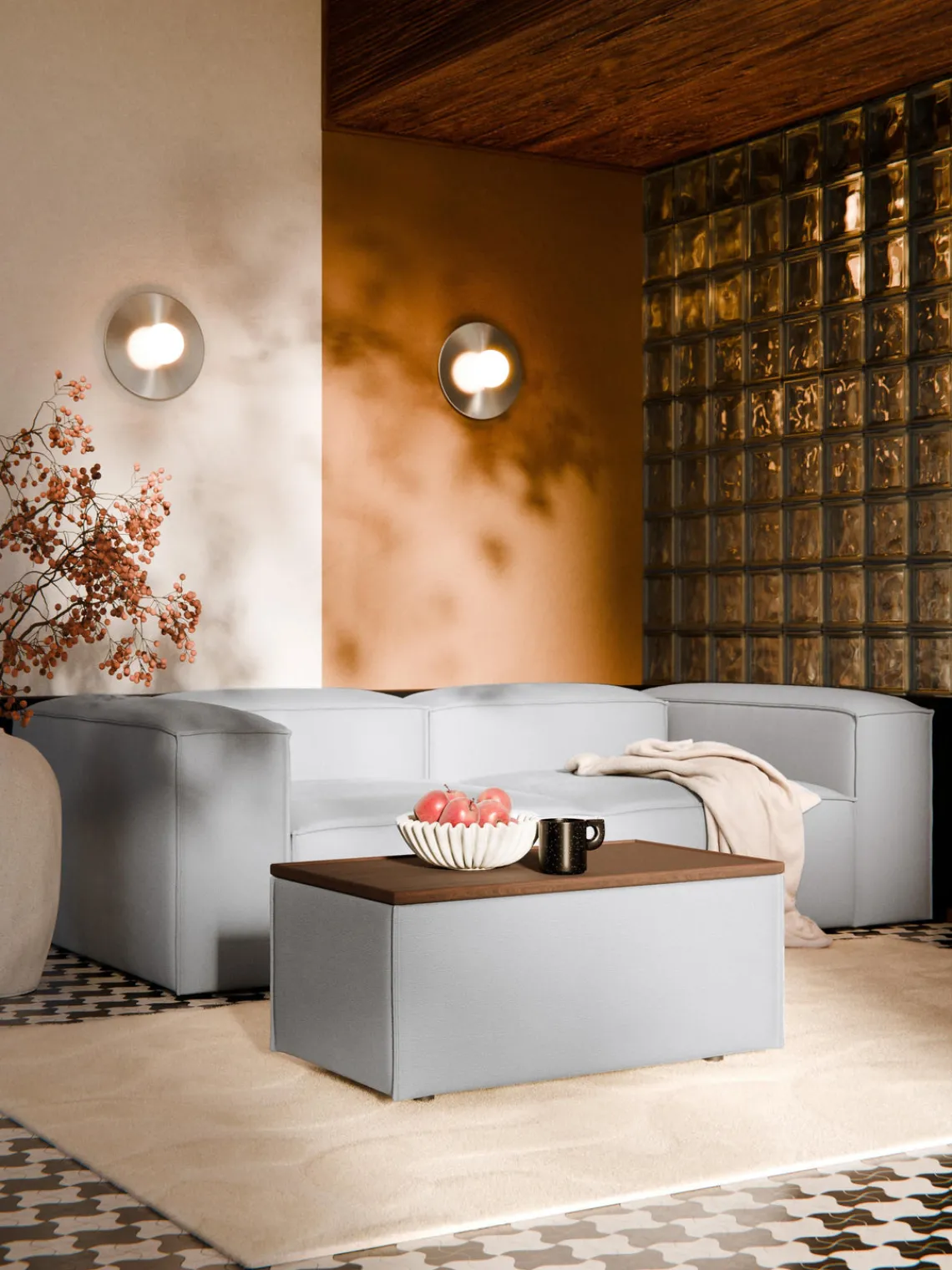 Reposapiés|Sofás>Westwing Collection Reposapiés puf con espacio de almacenamiento Lennon Tejido gris, madera de roble oscura