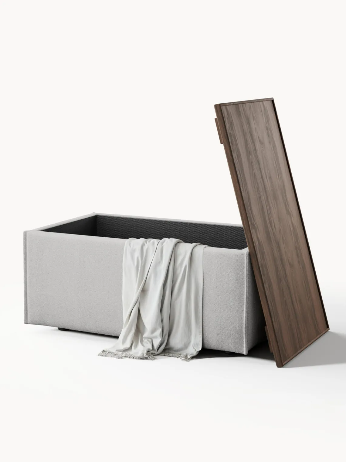 Reposapiés|Sofás>Westwing Collection Reposapiés puf con espacio de almacenamiento Lennon Tejido gris, madera de roble oscura