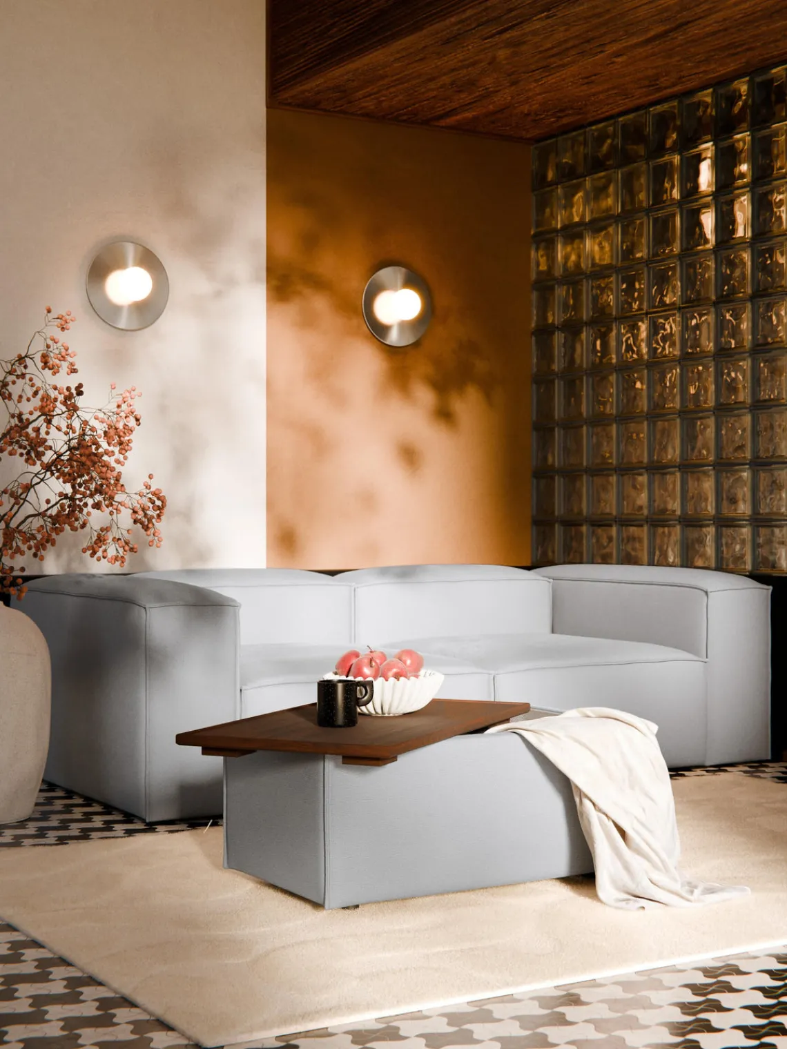 Reposapiés|Sofás>Westwing Collection Reposapiés puf con espacio de almacenamiento Lennon Tejido gris, madera de roble oscura