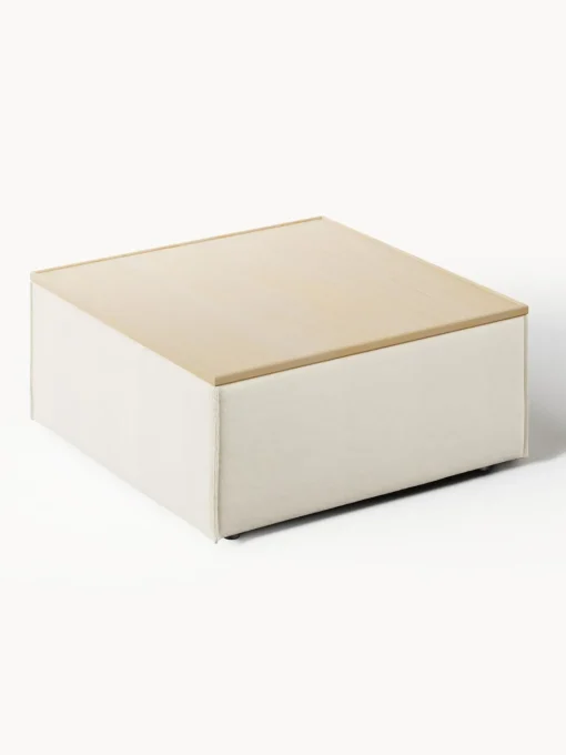 Reposapiés|Sofás>Westwing Collection Reposapiés puf con espacio de almacenamiento Lennon Tejido blanco Off White, madera de roble clara