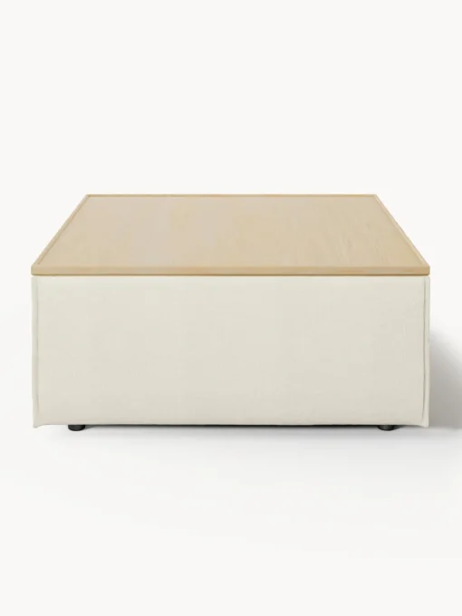 Reposapiés|Sofás>Westwing Collection Reposapiés puf con espacio de almacenamiento Lennon Tejido blanco Off White, madera de roble clara