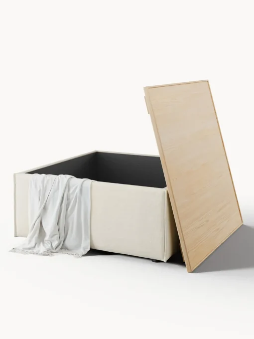Reposapiés|Sofás>Westwing Collection Reposapiés puf con espacio de almacenamiento Lennon Tejido blanco Off White, madera de roble clara