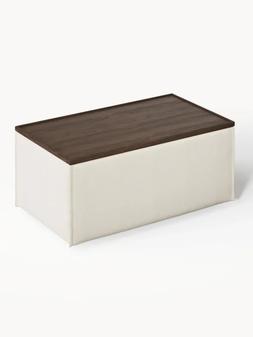 Reposapiés|Sofás>Westwing Collection Reposapiés puf con espacio de almacenamiento Lennon Tejido blanco Off White, madera de roble oscura