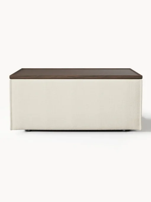 Reposapiés|Sofás>Westwing Collection Reposapiés puf con espacio de almacenamiento Lennon Tejido blanco Off White, madera de roble oscura