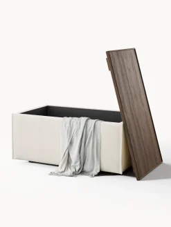 Reposapiés|Sofás></noscript>Westwing Collection Reposapiés puf con espacio de almacenamiento Lennon Tejido blanco Off White, madera de roble oscura