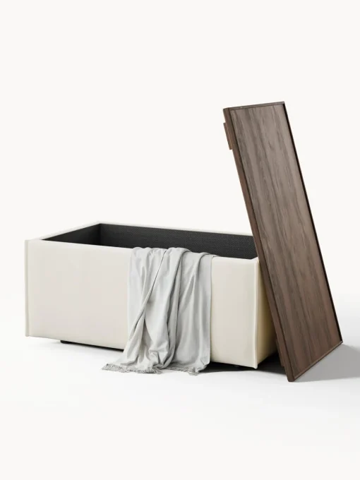 Reposapiés|Sofás>Westwing Collection Reposapiés puf con espacio de almacenamiento Lennon Tejido blanco Off White, madera de roble oscura