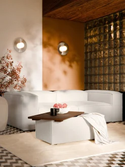Reposapiés|Sofás></noscript>Westwing Collection Reposapiés puf con espacio de almacenamiento Lennon Tejido blanco Off White, madera de roble oscura