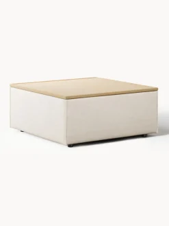 Reposapiés|Sofás>Westwing Collection Reposapiés puf de mezcla de lino con espacio de almacenamiento Lennon Mezcla de lino beige, madera de roble clara