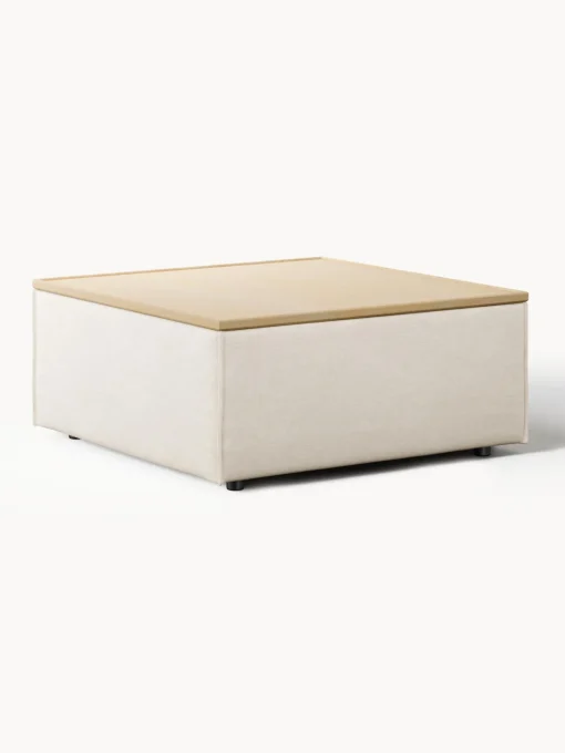 Reposapiés|Sofás>Westwing Collection Reposapiés puf de mezcla de lino con espacio de almacenamiento Lennon Mezcla de lino beige, madera de roble clara