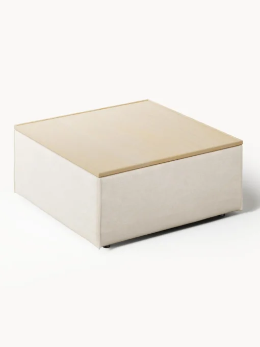 Reposapiés|Sofás>Westwing Collection Reposapiés puf de mezcla de lino con espacio de almacenamiento Lennon Mezcla de lino beige, madera de roble clara